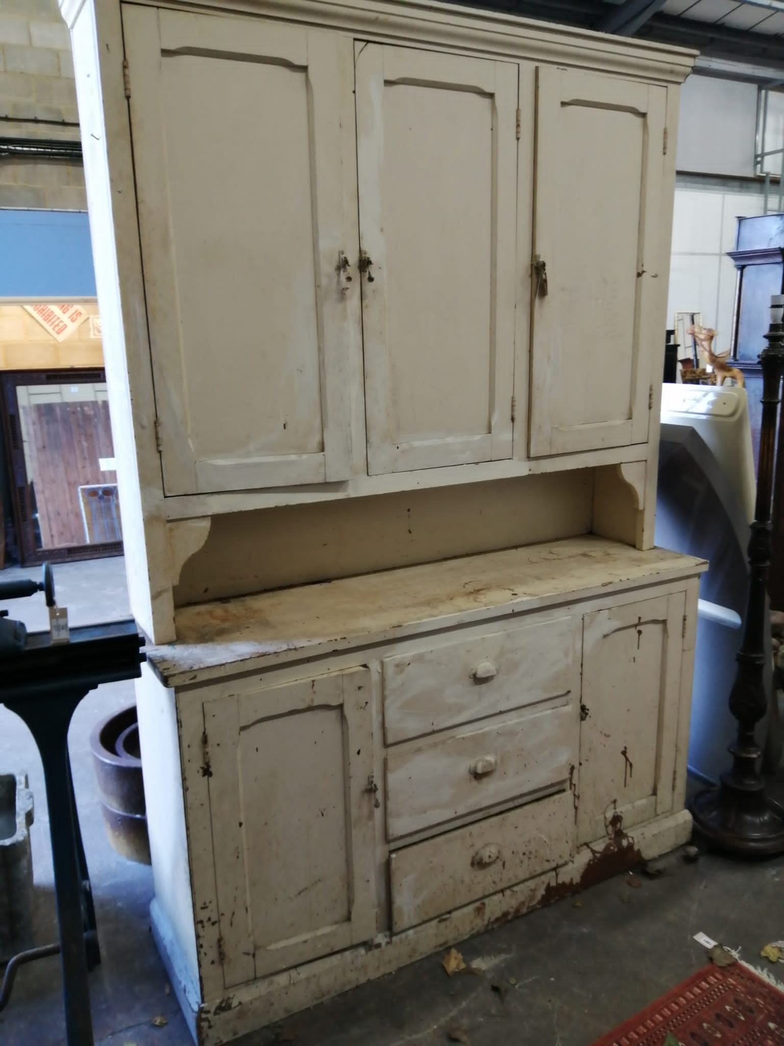 A late Victorian painted pine dresser, width 158cm, depth 46cm, height 230cm